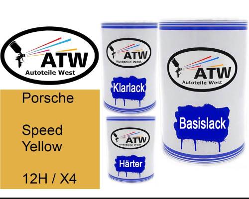 Porsche, Speed Yellow, 12H / X4: 500ml Lackdose + 500ml Klarlack + 250ml Härter - Set, von ATW Autoteile West.